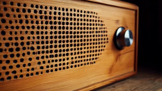 Detailed medium shot of pine wooden speaker grille emphasizing rustic charm and natural knots improving resonance in vintagestyle radio cabinets