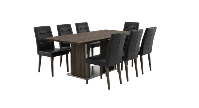 Modern Dining Table, with Eight Black Leather Chairs, isolated on transparent background. PNG
