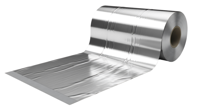Roll of shiny aluminum foil unwrapped slightly, isolated on transparent background