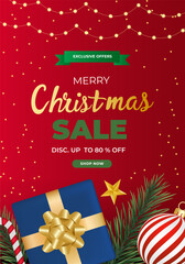 Christmas Sale card with present. Discount banner for big sale, final sale background. Discount Promotion marketing poster design for web and Social. Vector template