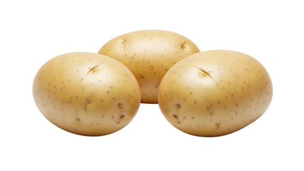 Three fresh, raw, whole yukon gold potatoes isolated on transparent background