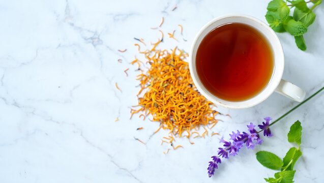 Cordyceps tea served with fresh mint and lavender on marble
