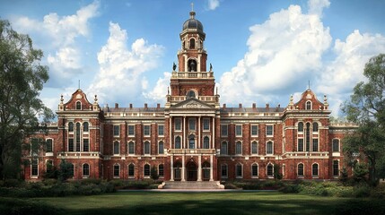 Fototapeta premium Grand Brick Building with Central Tower under Partly Cloudy Sky