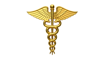 Golden Caduceus Medical Symbol, with Wings and Snakes, isolated on transparent background. PNG