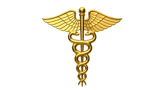Golden Caduceus Medical Symbol, with Wings and Snakes, isolated on transparent background. PNG - Powered by Adobe