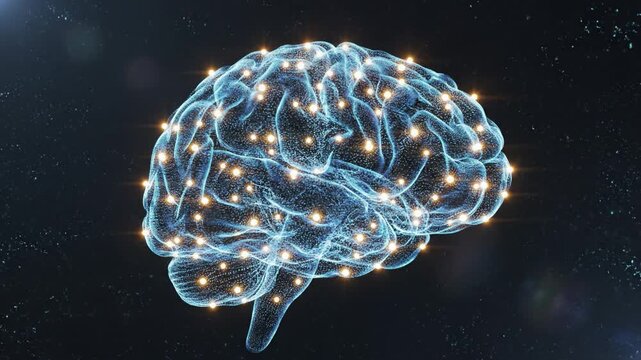 Digital brain glowing neural network connections with futuristic technology and intelligence, radiant digital explosion showing dynamic science and glowing connection in dark space background