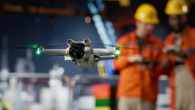 Professional drone operators flies a UAV around a drilling rig, using remote control and camera systems to evaluate the condition and ensure safety on platform, oil production. Camera B.