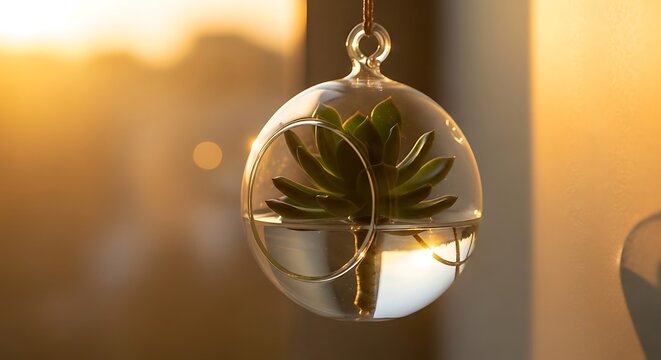 Hanging glass terrarium containing succulent plant casting warm glow