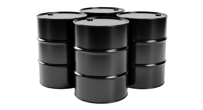 Five glossy black metal barrels, stacked and arranged in a cluster, isolated on transparent background. PNG