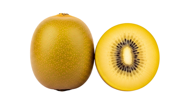 Whole golden kiwi fruit and one half slice isolated on transparent background
