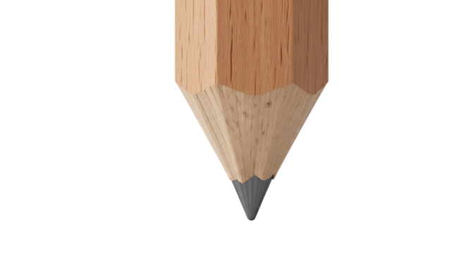Close up of a sharpened wooden pencil tip, with graphite lead, isolated on transparent background. PNG
