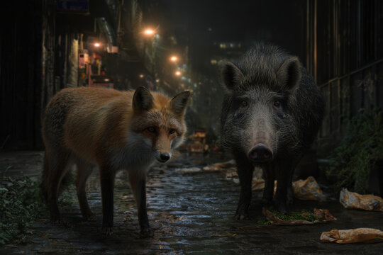 A fox and a wild boar standing together on a wet street at night, animals in the city, urban wildlife - Powered by Adobe