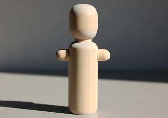 Minimalist wooden figure of a person illuminated by natural sunlight