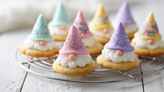 Cute pastel homemade Christmas gnome cookies on white background