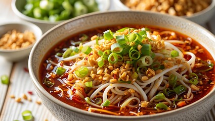 Delicious spicy noodle soup with scallions and crispy toppings closeup