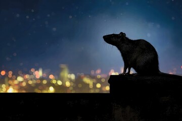 A silhouette of a rat on a rooftop with a night sky and city lights in the background, urban animals scene