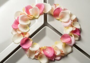Delicate rose petal wreath on minimalist serving platters artful display