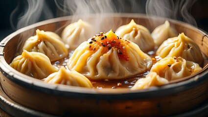 Delicious steamed dumplings in bamboo steamer with flavorful toppings and steam