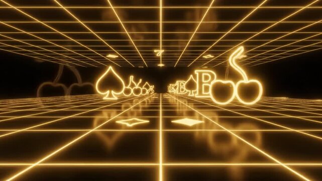 Neon glowing playing card symbols with spade and grid lines create futuristic digital game environment featuring glowing numbers, letters, and vibrant digital atmosphere