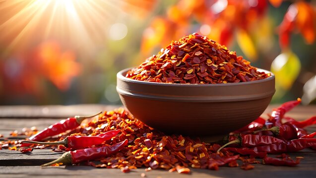 Dried red chili flakes in bowl and whole peppers with sunlight