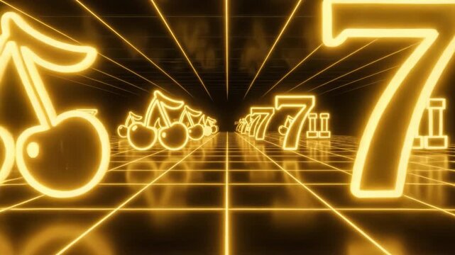 Neon glowing slot machine symbols featuring cherries, number seven, and bars reflective grid surface creating vibrant futuristic casino game atmosphere with golden light effects and perspective depth