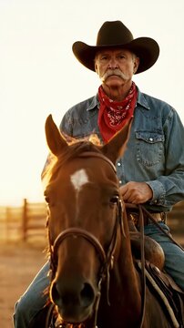 Cinematic Footage Cowboy Riding Horse at Sunset Dust Kicking Up Golden Hour