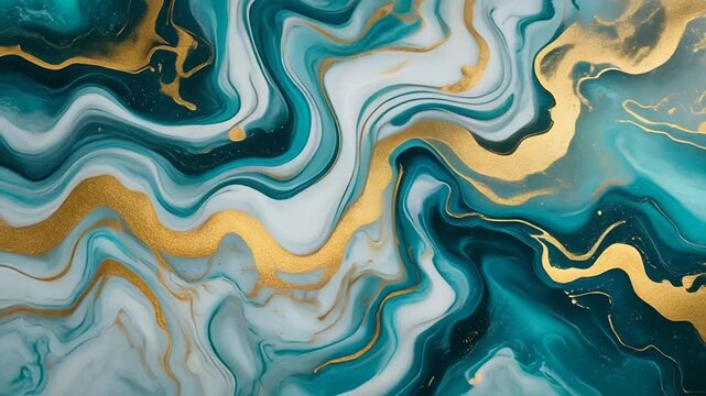A blend of white, teal, and gold marble patterns morphing fluidly video