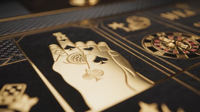 Golden hand playing card with luxury black spade and club symbols, intricate gold game design featuring elegant texture and shiny finish, close up of sophisticated card game element
