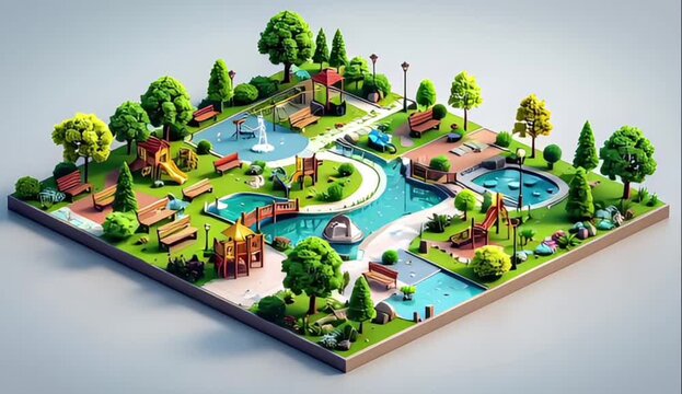 Editable isometric park creator kit featuring benches, trees, lighting, and pathways. Perfect for city planning, game design, and vector landscape projects.