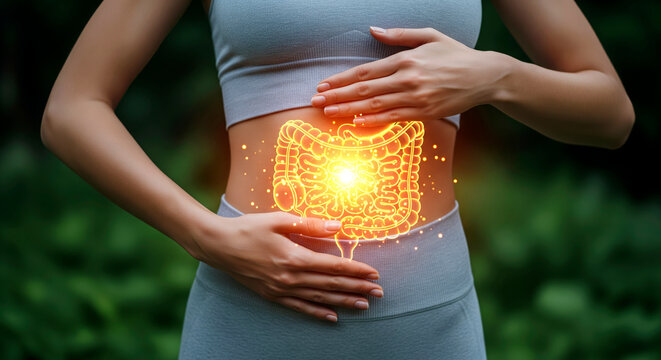 Woman Holding Abdomen with Glowing Digital Intestine - Powered by Adobe