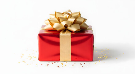 Obraz premium Vibrant red gift box with golden bow and confetti, perfect for holiday promotions, birthday surprises, or elegant celebration designs and festive occasions Generative AI