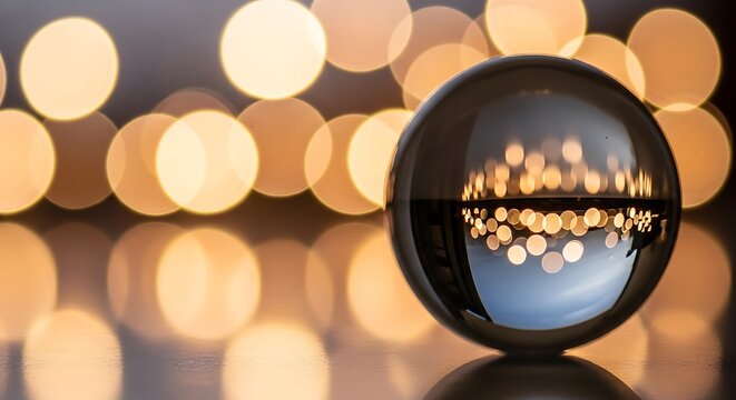 Glass orb reflecting luminous bokeh patterns creating blurred vision - Powered by Adobe