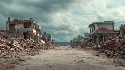Ruined city streetscape with buildings devastated, post-catastrophe scene
