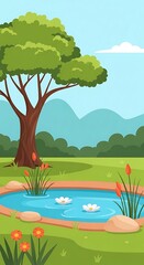 Obraz premium Stylized serene nature landscape with tree, pond, flowers, and mountains