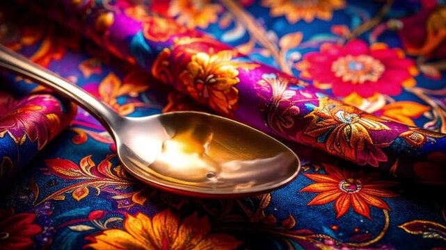 Close up of spoon on a colorful textile with vibrant floral design