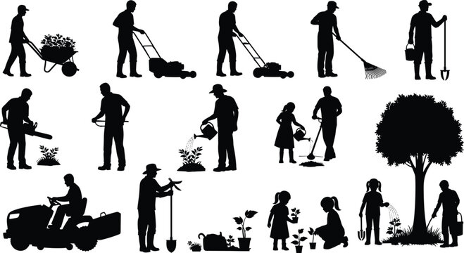 Gardening activity, lawn mowing, planting flowers, watering plants, leaf blowing, child gardener, black silhouette, cad drawing flat vector illustration