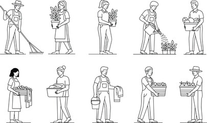 Gardening people, harvesting workers, farming characters, garden tools, agriculture activity, black line art, outline style, cad drawing flat vector illustration