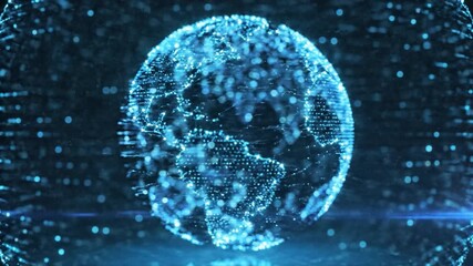 Digital globe network technology sphere with glowing blue light dots and global communication lines creating futuristic data visualization and abstract digital world connection innovation