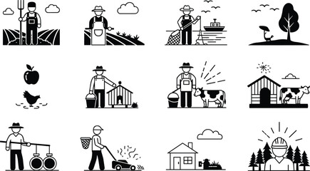 Farming and Agriculture Solid Icon Vector Set, Farmers, Livestock, Crops, Fishing, and Rural Life Symbols Black Graphic Collection.