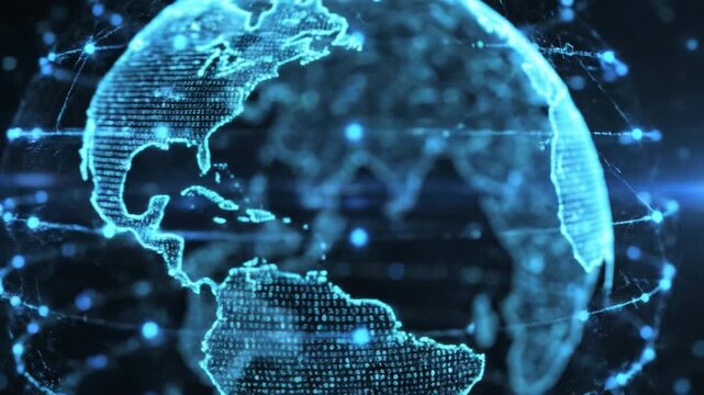 Digital globe with glowing blue data points and binary code network connections representing global communication technology innovation and futuristic earth connection through digital data network