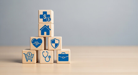 Stacked wooden blocks with various insurance icons on a table against a gray background in a studio shot