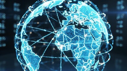 Digital globe with illuminated continents and network connections showcasing futuristic technology and communication, glowing earth data center environment symbolizing global connection innovation - Powered by Adobe