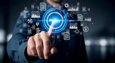 Man touching policy interface with digital documents and data graphs on a dark background