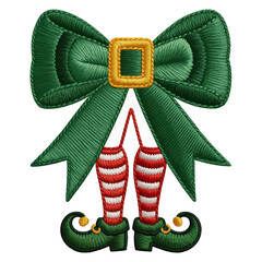 A large green bow features prominently, styled to resemble an elf's dress with striped red and white leggings and green shoes.