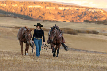 Colorado cowgirl leading two horses bay quarter horse ranch front range
