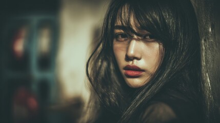 Captivating Asian woman portrait, intense gaze and dramatic lighting indoors