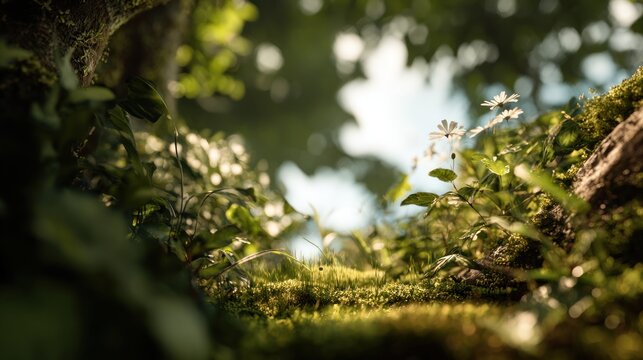 Enchanting natural scenery with white daisies under a tranquil green forest