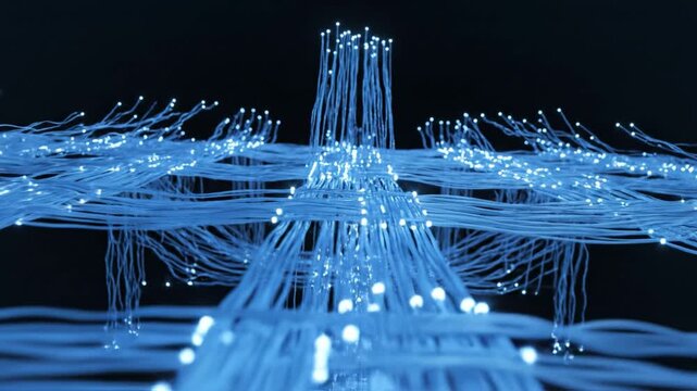 Fiber optic cable glowing blue light points create futuristic network technology with dynamic data connection, illuminated strands in dark background showing vibrant energy flow and motion effect