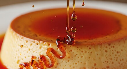 Exquisite caramel custard, dripping sauce and tempting dessert close-up