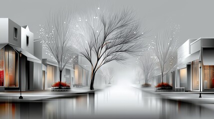 AI-generated illustration of a minimalist, stylized winter holiday scene in the city. In gray, white, black and a touch of color